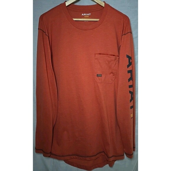 Ariat Rebar Long Sleeve Crew Neck Pockets T-Shirt, Men's XLT Orange/Rust - Picture 1 of 10